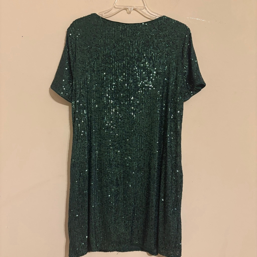 CeCe Emerald Green Sequin Godet Short Sleeve Shimmer Dress M - Picture 7 of 14